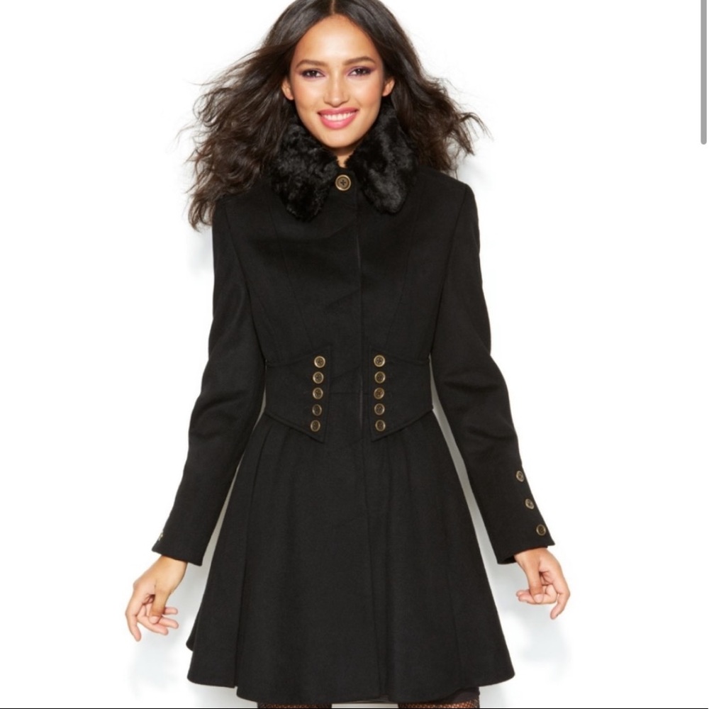 Betsey Johnson Wool Blend Corset Flared Winter Coat Military Style Long Black XL